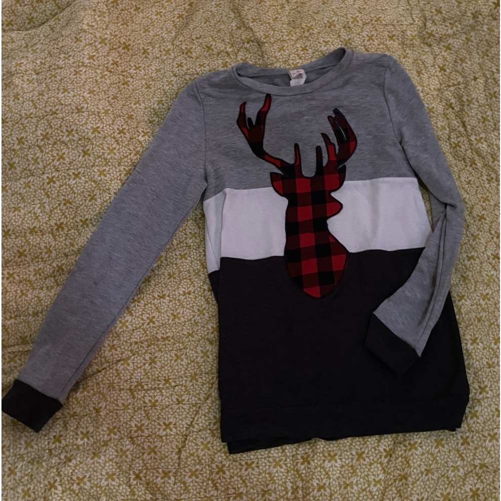 Cute Christmas reindeer Buffalo plaid color block shirt.
